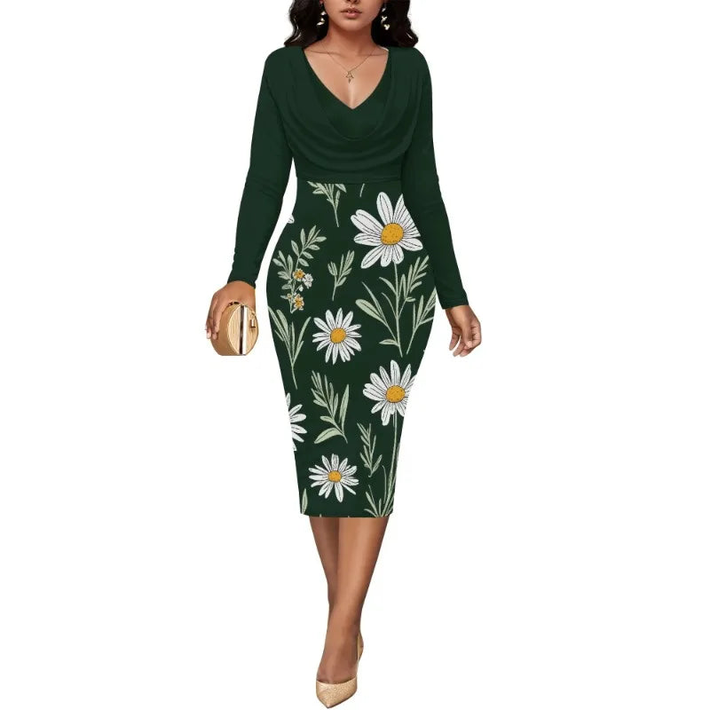 Women’s Dress Midi Bodycon – Long Sleeve Cowl Neck Pencil Dress