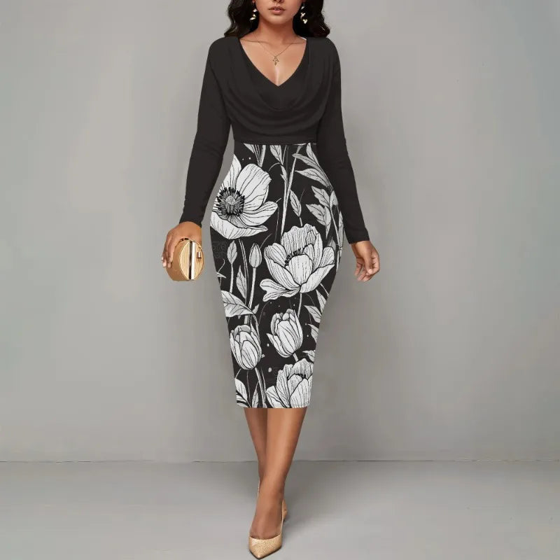 Women’s Dress Midi Bodycon – Long Sleeve Cowl Neck Pencil Dress
