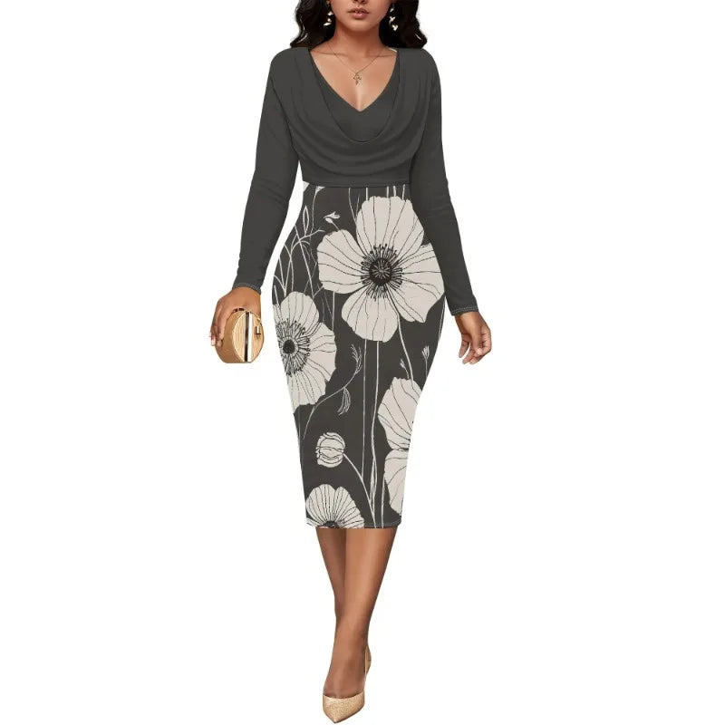 Women’s Dress Midi Bodycon – Long Sleeve Cowl Neck Pencil Dress