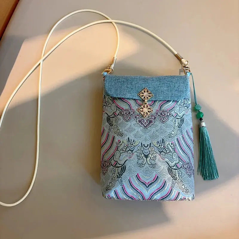 Chinese Silk Embroidery Crossbody Bag – Small Vertical Cellphone Purse Ladies Fashion Flora