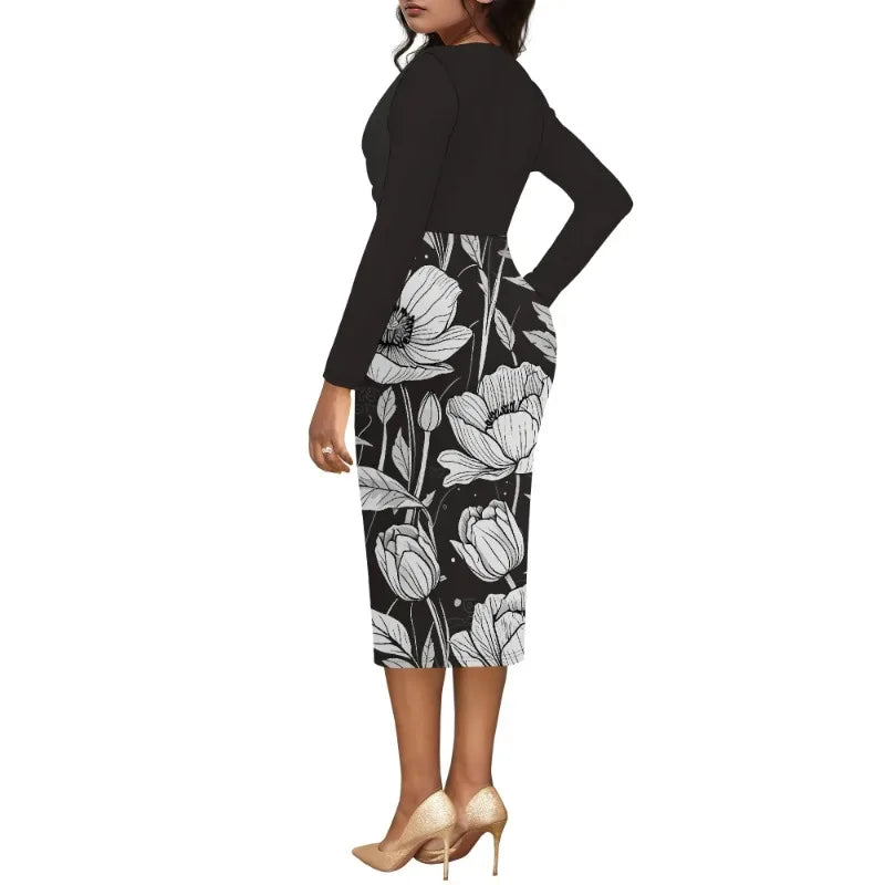 Women’s Dress Midi Bodycon – Long Sleeve Cowl Neck Pencil Dress