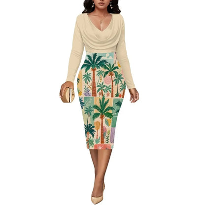 Women’s Dress Midi Bodycon – Long Sleeve Cowl Neck Pencil Dress