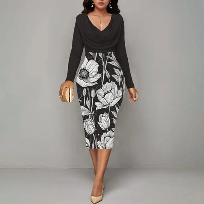 Women’s Dress Midi Bodycon – Long Sleeve Cowl Neck Pencil Dress