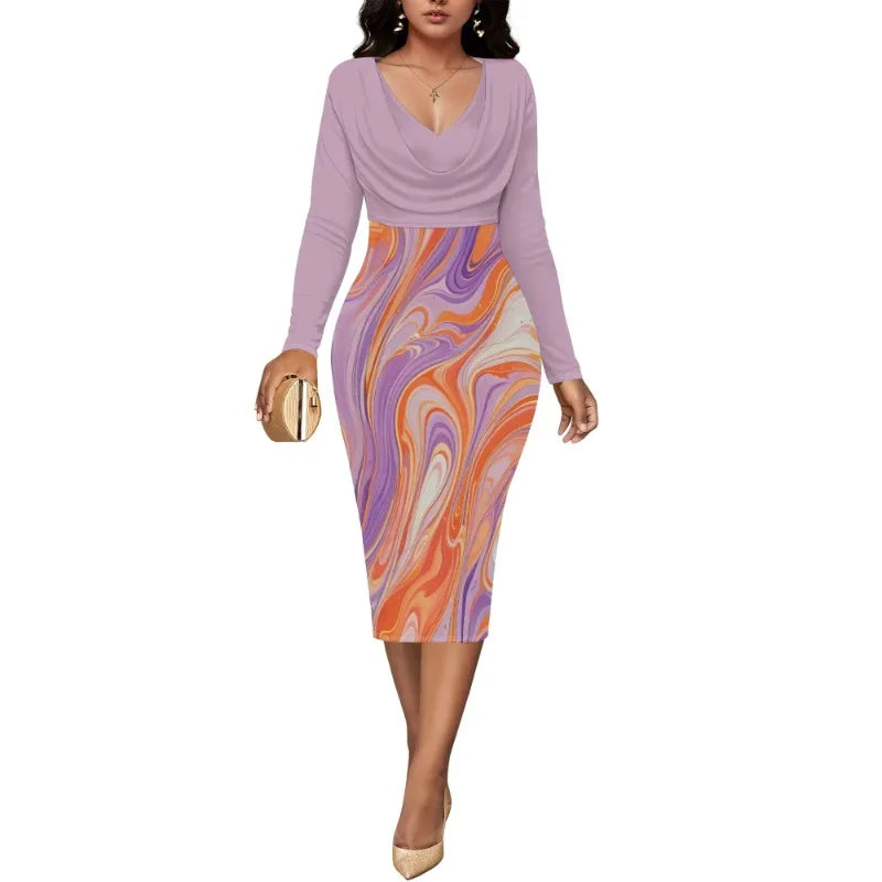 Women’s Dress Midi Bodycon – Long Sleeve Cowl Neck Pencil Dress