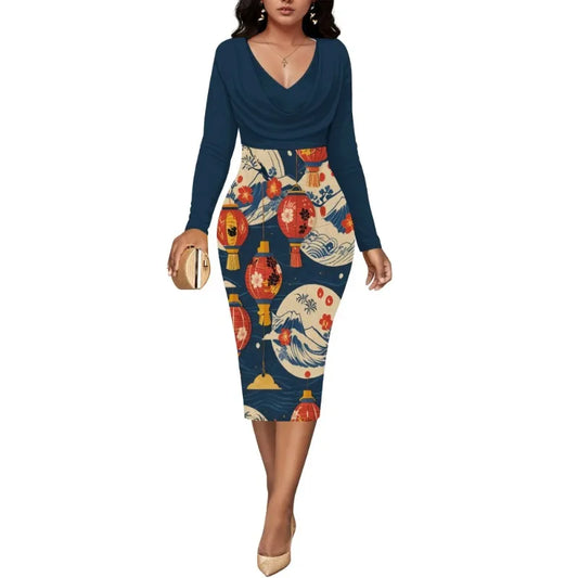 Women’s Dress Midi Bodycon – Long Sleeve Cowl Neck Pencil Dress