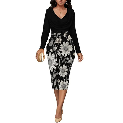 Women’s Dress Midi Bodycon – Long Sleeve Cowl Neck Pencil Dress