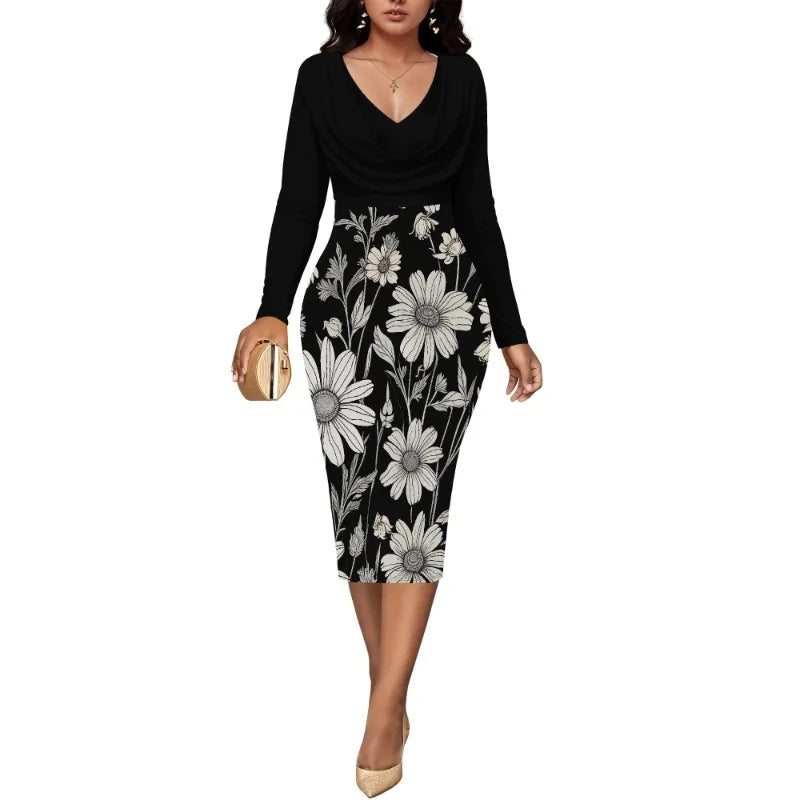 Women’s Dress Midi Bodycon – Long Sleeve Cowl Neck Pencil Dress