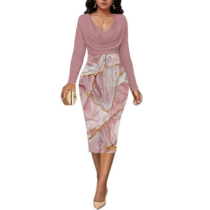 Women’s Dress Midi Bodycon – Long Sleeve Cowl Neck Pencil Dress