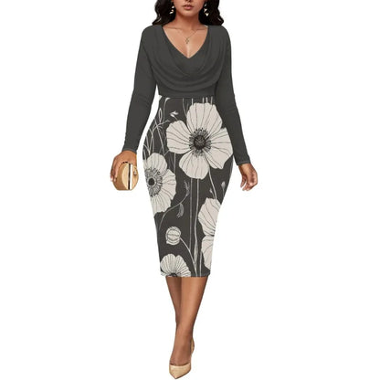 Women’s Dress Midi Bodycon – Long Sleeve Cowl Neck Pencil Dress