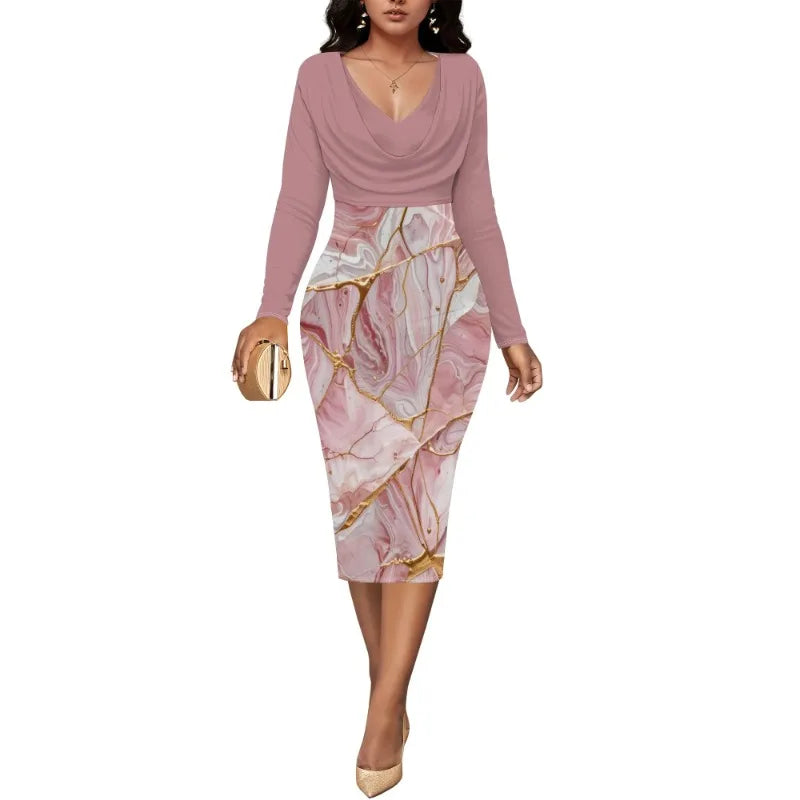 Women’s Dress Midi Bodycon – Long Sleeve Cowl Neck Pencil Dress