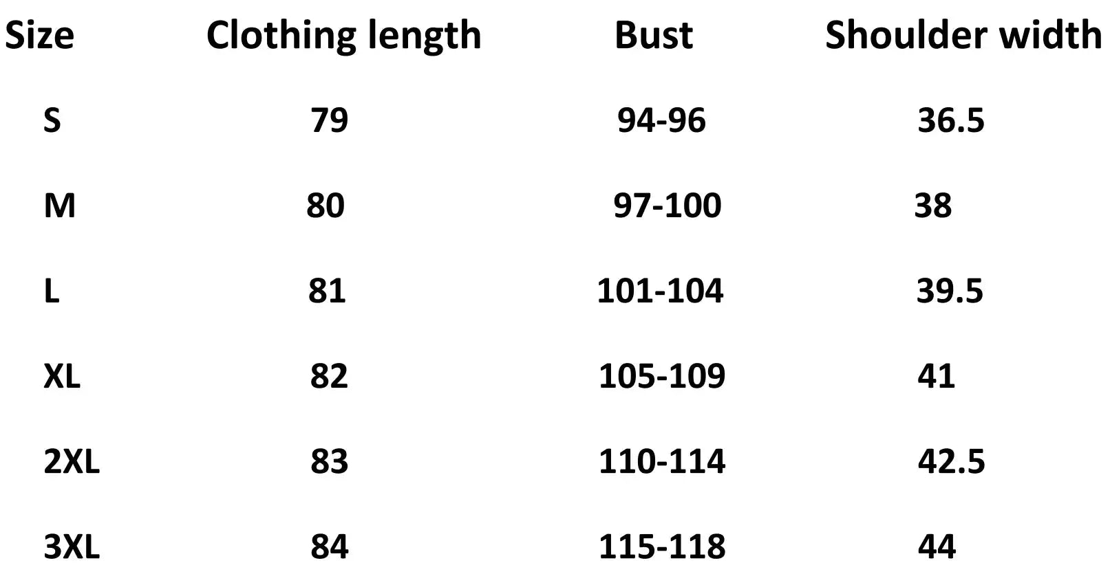 Table displaying clothing measurements for different sizes including size, clothing length, bust, and shoulder width.