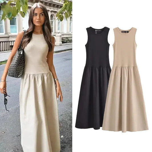 Women’s Elegant Long Dress 2025 – Khaki & Black Sleeveless Spring Dress  Ladies Fashion Flora