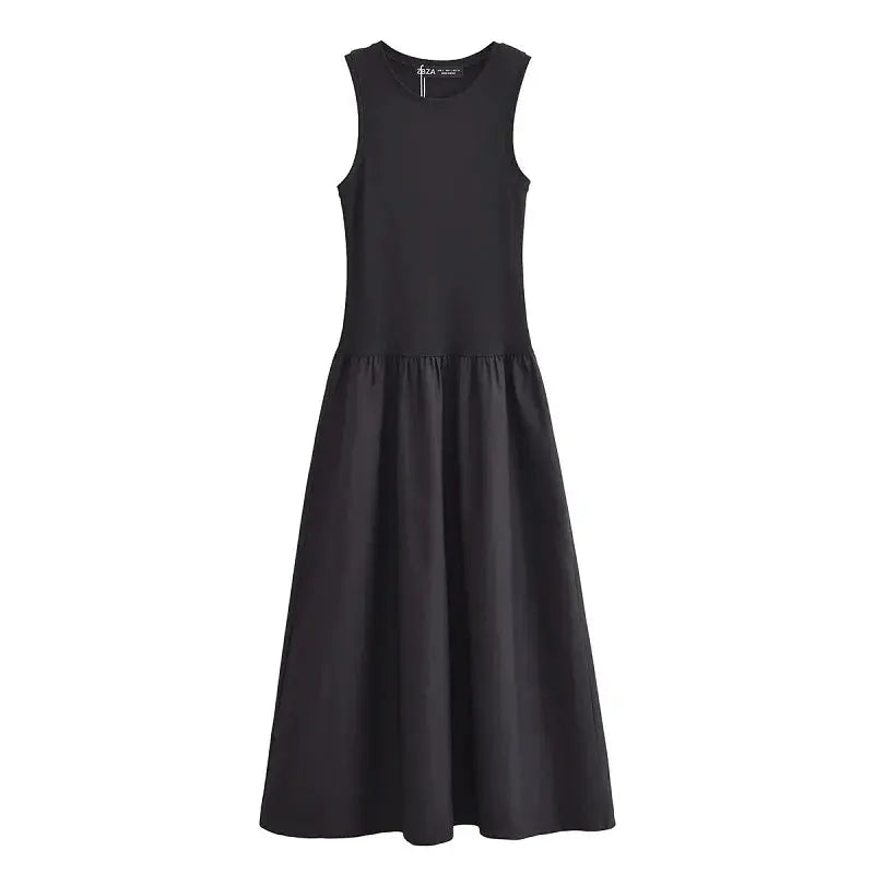 Women’s Elegant Long Dress 2025 – Khaki & Black Sleeveless Spring Dress  Ladies Fashion Flora