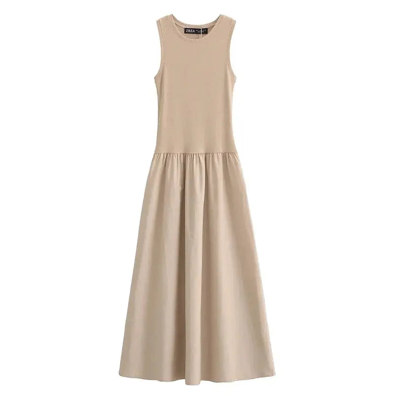 Women’s Elegant Long Dress 2025 – Khaki & Black Sleeveless Spring Dress  Ladies Fashion Flora