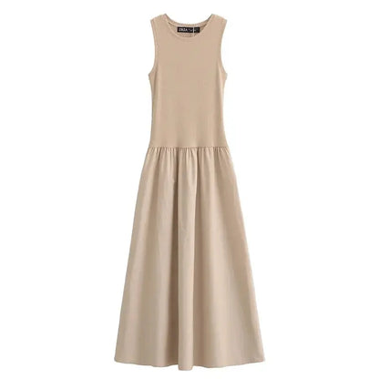 Women’s Elegant Long Dress 2025 – Khaki & Black Sleeveless Spring Dress  Ladies Fashion Flora
