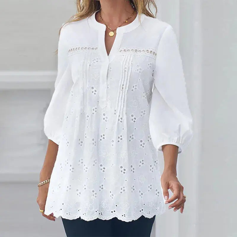 Women’s White V-Neck Lace Pullover Blouse – Slim Elegant Summer Top  Ladies Fashion Flora
