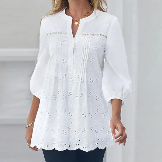 Women’s White V-Neck Lace Pullover Blouse – Slim Elegant Summer Top  Ladies Fashion Flora