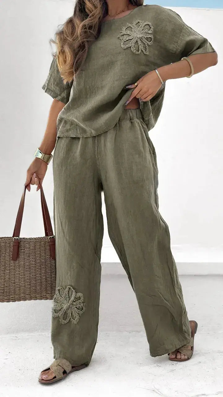 Women’s Summer Embroidered Pants Set 2025 – Crop Top & High Waist Trousers  Ladies Fashion Flora