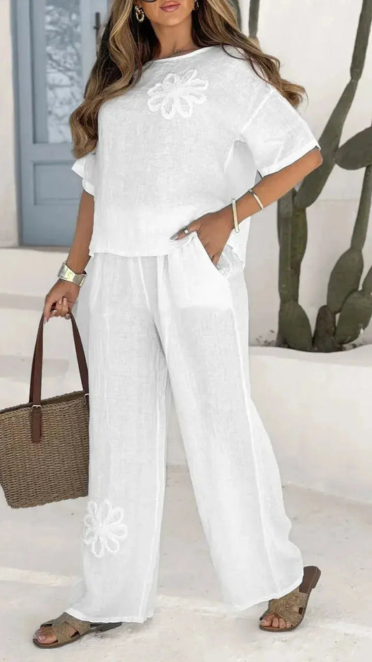 Women’s Summer Embroidered Pants Set 2025 – Crop Top & High Waist Trousers  Ladies Fashion Flora