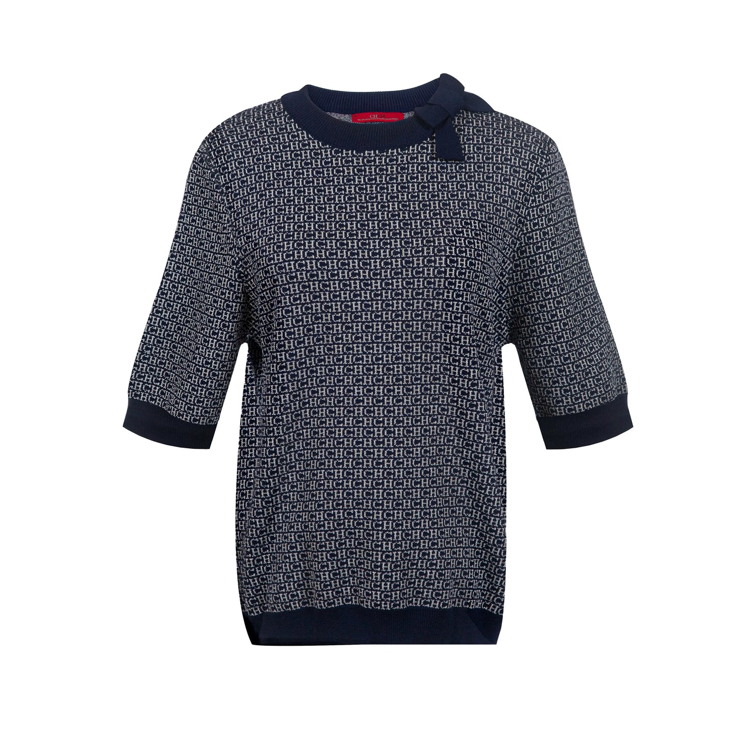 Patterned dress with navy trim on a white background
