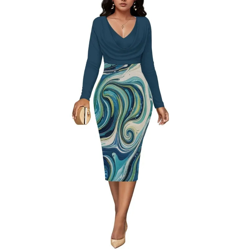 Women’s Dress Midi Bodycon – Long Sleeve Cowl Neck Pencil Dress