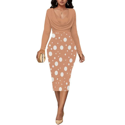 Women’s Dress Midi Bodycon – Long Sleeve Cowl Neck Pencil Dress