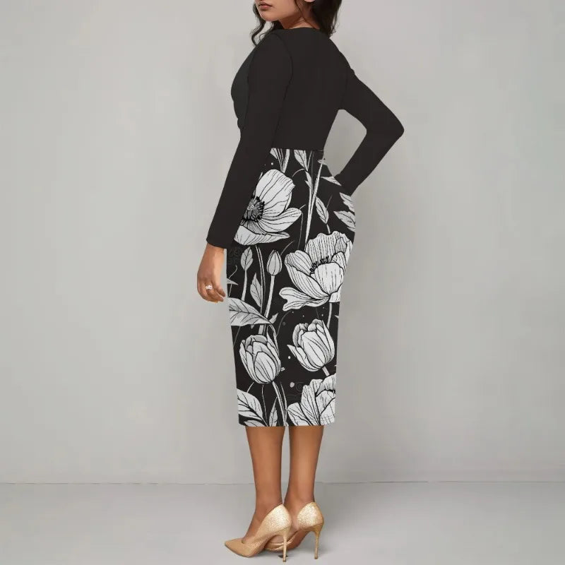 Women’s Dress Midi Bodycon – Long Sleeve Cowl Neck Pencil Dress