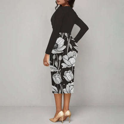 Women’s Dress Midi Bodycon – Long Sleeve Cowl Neck Pencil Dress