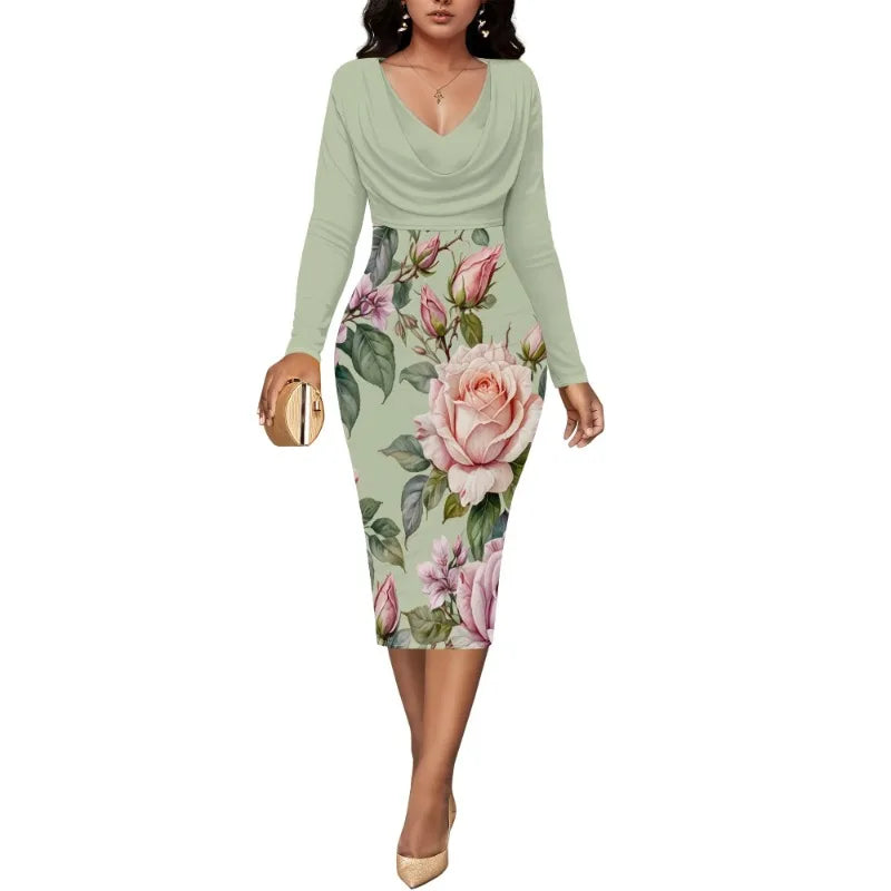 Women’s Dress Midi Bodycon – Long Sleeve Cowl Neck Pencil Dress