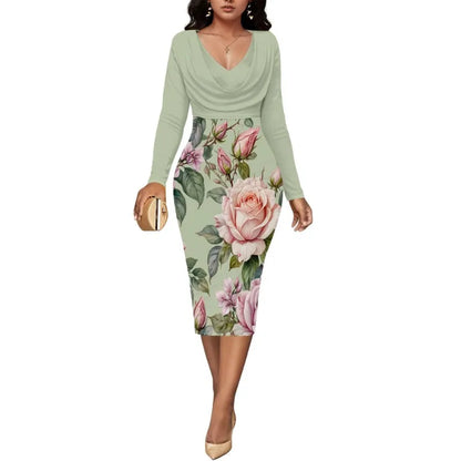 Women’s Dress Midi Bodycon – Long Sleeve Cowl Neck Pencil Dress