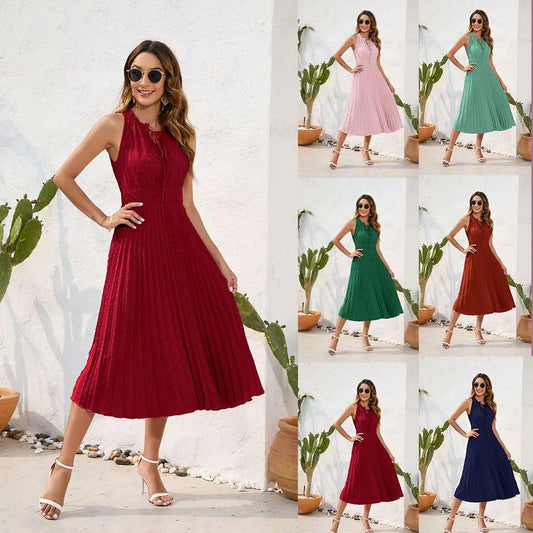 summer dress Woman modeling a red dress with multiple color options displayed.