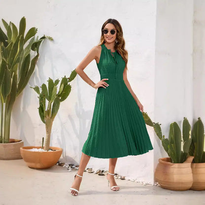 summer dress Amazon Cross-Border Lace-Up High-Waist Pleated Fur Ball Dress Sleeveless Summer Dress Casual Vacation Travel Dress