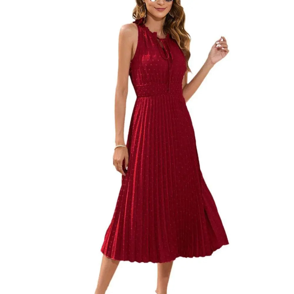 Amazon Cross-Border Lace-Up High-Waist Pleated Fur Ball Dress Sleeveless Summer Dress Casual Vacation Travel Dress