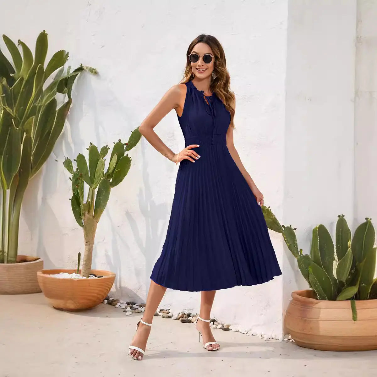 summer dress Amazon Cross-Border Lace-Up High-Waist Pleated Fur Ball Dress Sleeveless Summer Dress Casual Vacation Travel Dress