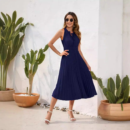 summer dress Amazon Cross-Border Lace-Up High-Waist Pleated Fur Ball Dress Sleeveless Summer Dress Casual Vacation Travel Dress